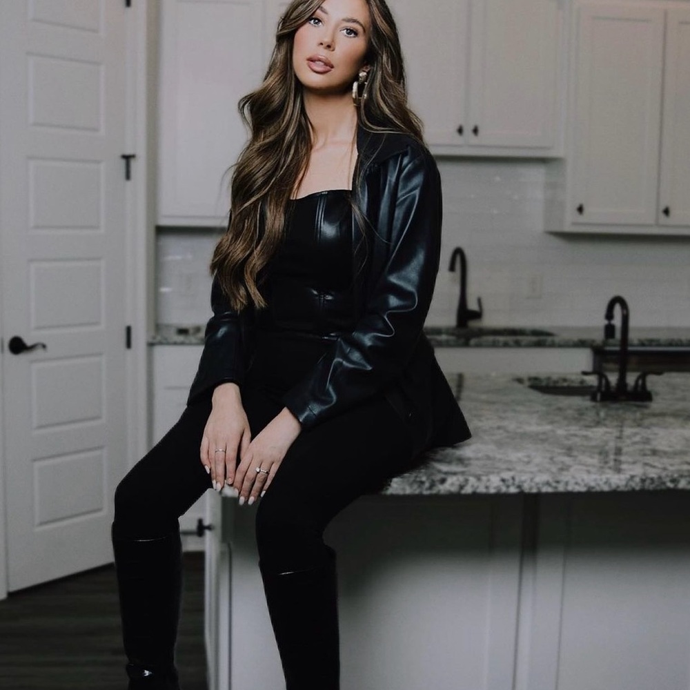 Black leather blazer and leather corset top